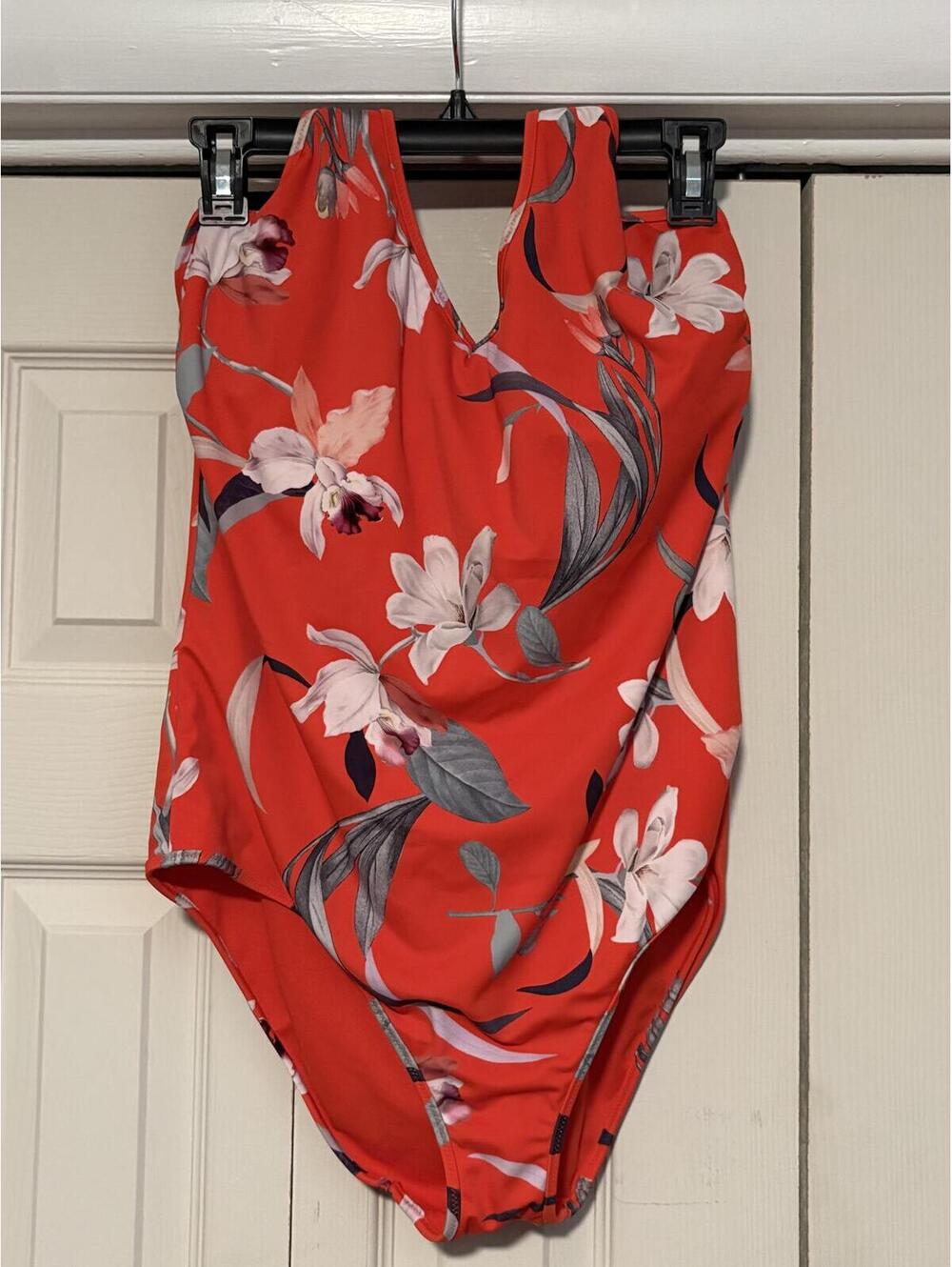 Athleta Waimea Floral Halter Plunge One Piece Swimsuit Cherry Red White Floral - Picture 2 of 6
